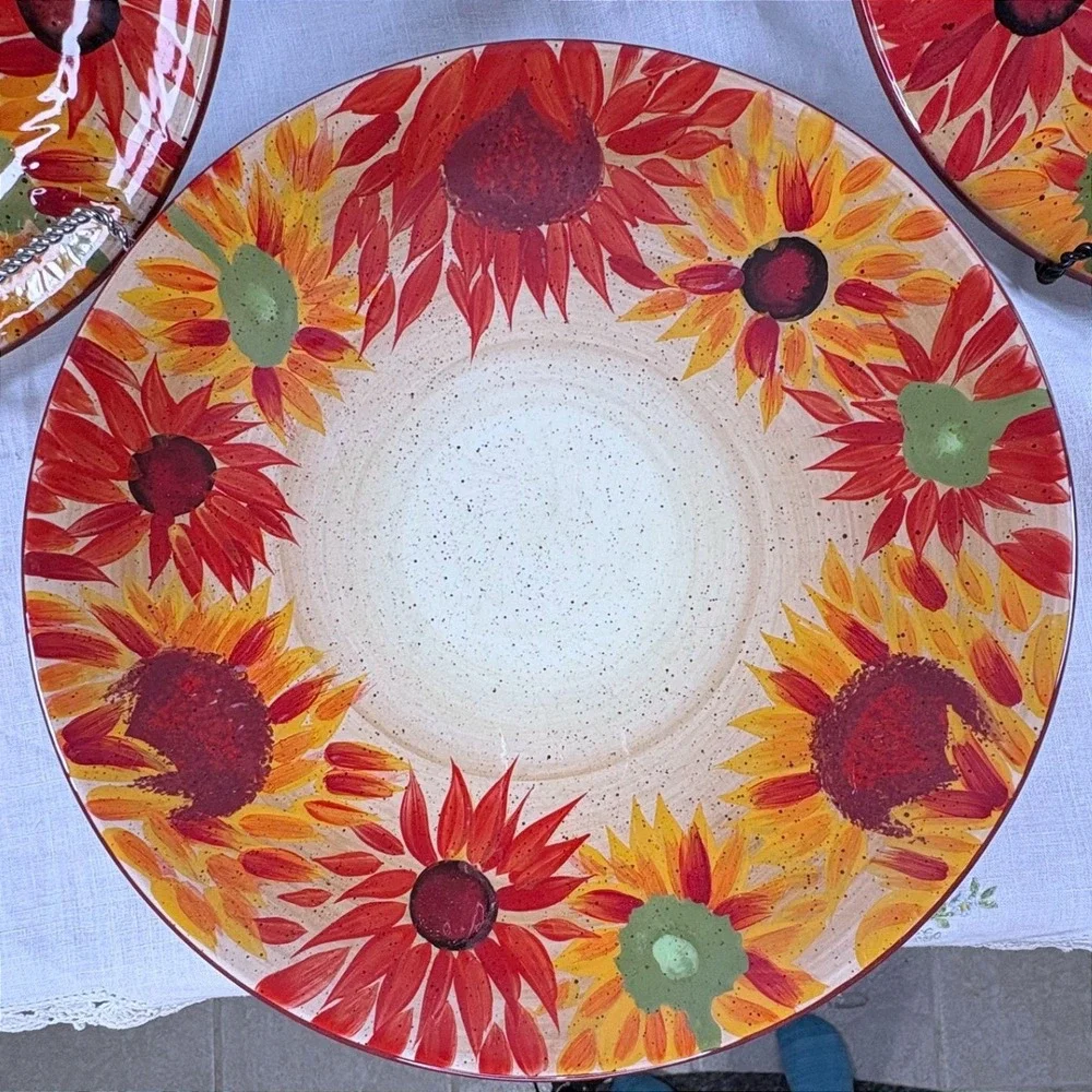 Pfaltzgraff Evening Sun Hand Painted Sunflower Dinner Plates Set of 4 Red Orange